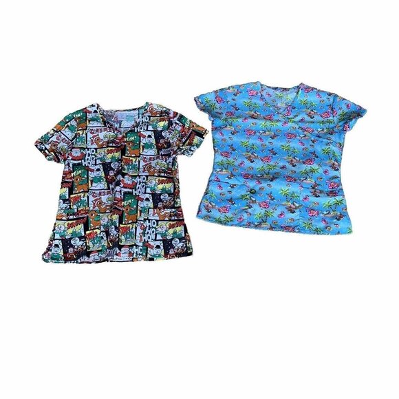Serene And Rudolph Tops - Scrub Tops Christmas Santa Size Medium Multicolor Womens Short Sleeve V Neck